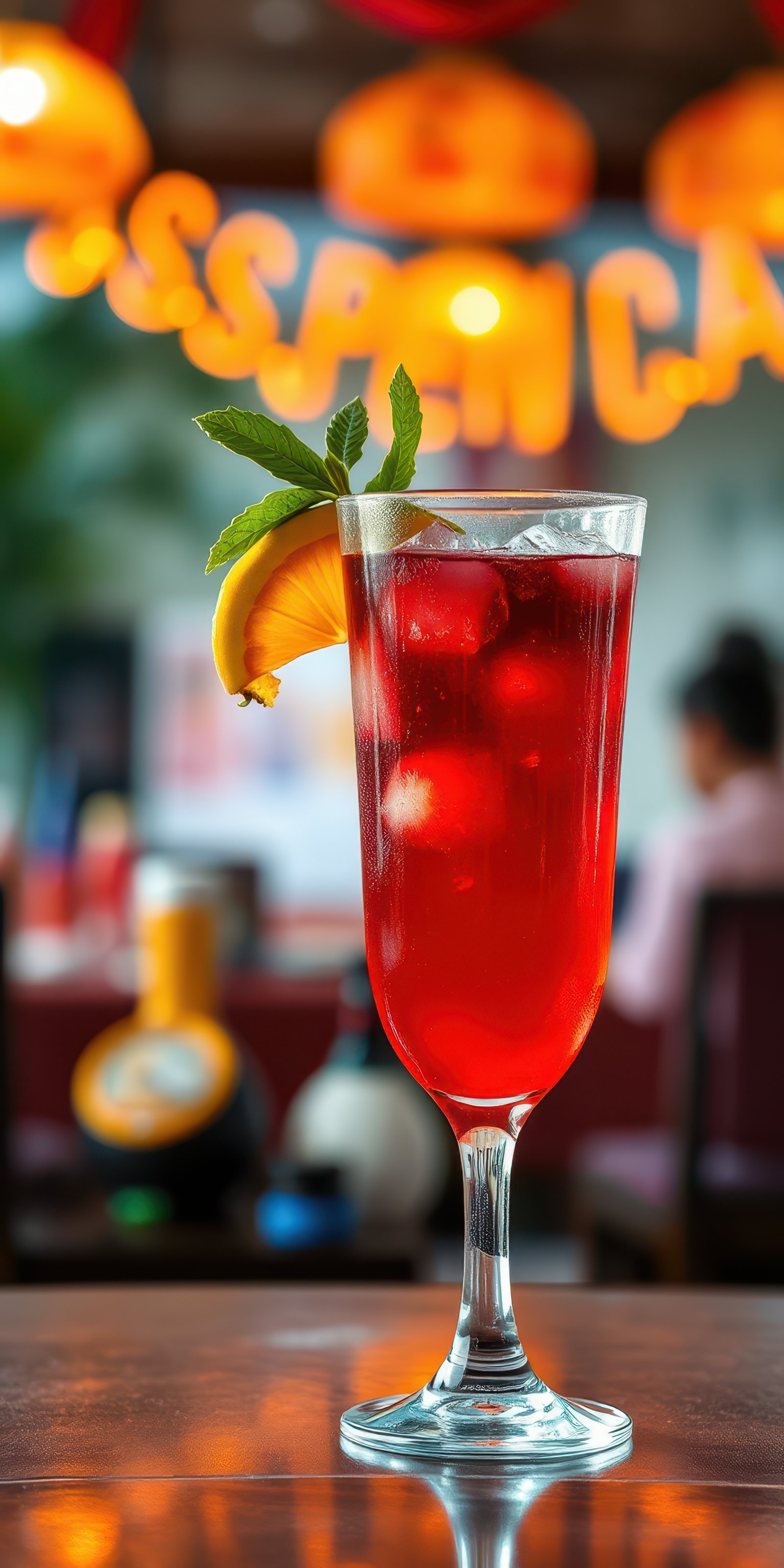 Refreshing red drink with fruit garnish displayed at a lively cafe during afternoon hours